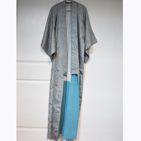 Vintage Blue ORI Woven Unisex Kimono, Long Authentic Japanese Silk Kimono - Picture 3 of 16